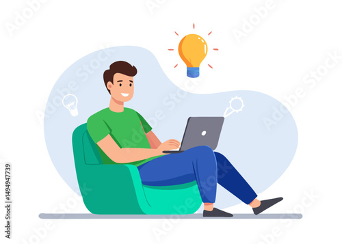 Work remotely concept. Vector cartoon illustration of a young man sitting in a chair with a laptop and coming up with new ideas.