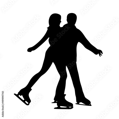 Silhouette of a couple ice skating gracefully on the ice rink