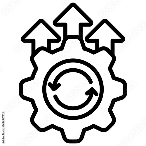 Agile Process - Outline Icon - Gear with upward arrows implies agile methodology or operational scaling