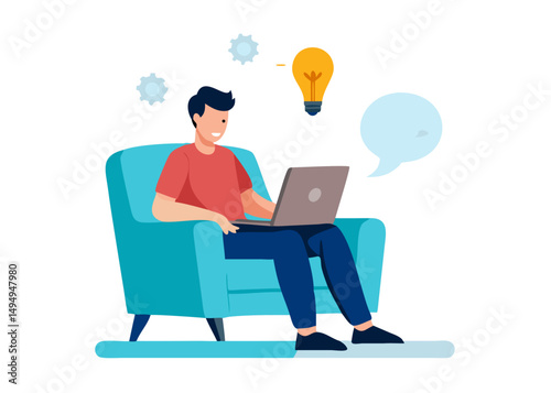 Work remotely concept. Vector cartoon illustration of a young man sitting in a chair with a laptop and coming up with new ideas.
