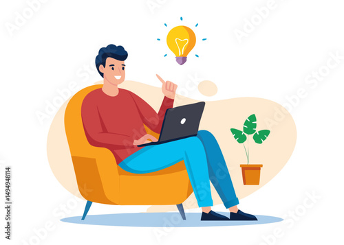 Work remotely concept. Vector cartoon illustration of a young man sitting in a chair with a laptop and coming up with new ideas.