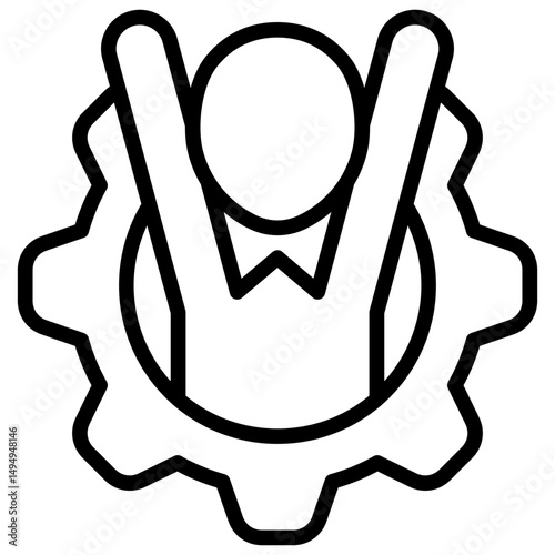 Leadership Development - Outline Icon - Person with raised arms inside a gear, symbolizing leadership in operational growth and innovation