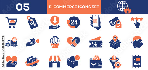 High Quality E commerce Shopping Icons shopping cart, discount, cashback, support, qr code scan, secure payment, rating, l, delivery, card payment, e-commerce, loyalty program, coupon, order track