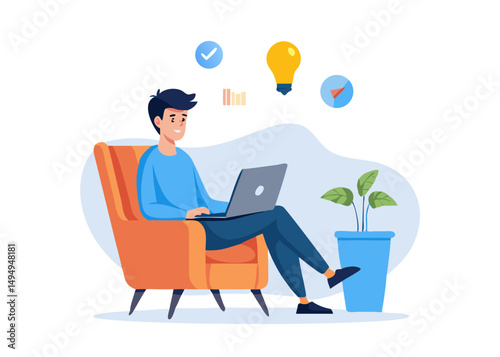 Work remotely concept. Vector cartoon illustration of a young man sitting in a chair with a laptop and coming up with new ideas.