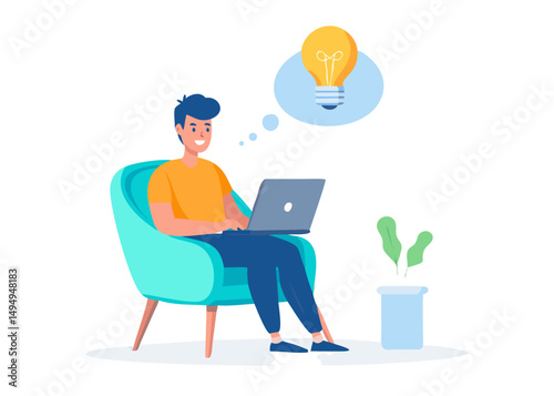 Work remotely concept. Vector cartoon illustration of a young man sitting in a chair with a laptop and coming up with new ideas.