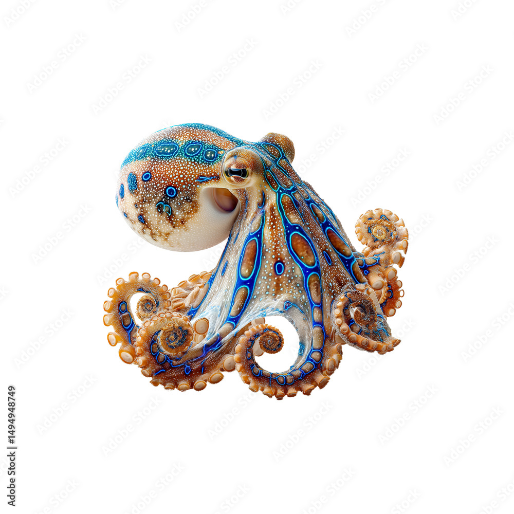 Fototapeta premium Blue Ringed Octopus, Vibrant Marine Cephalopod, Close-up Studio Shot