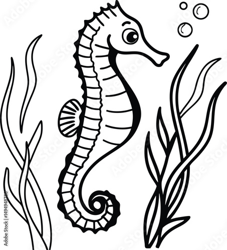 Seahorse in the Ocean: A captivating black and white illustration of a charming seahorse, gracefully navigating a vibrant underwater world, complete with aquatic plants and air bubbles.