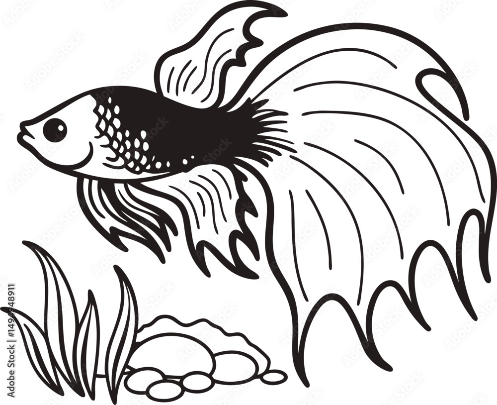Obraz premium Elegant Siamese Fighting Fish: A serene and detailed illustration captures the grace of a Siamese fighting fish, its flowing fins and scales, beside seaweed and stones.