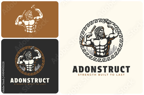 Adonis the Builder Vintage Vector Logo – Muscular Mythical Greek God grabbing a construction hammer and woodworking equipment in a Circular Greek Frame