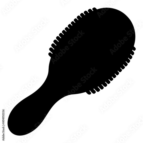 Silhouette of a classic oval hairbrush with curved handle and bristles