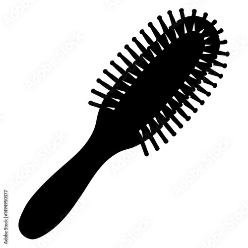 Black Silhouette of an Oval Hairbrush with Handle and Rounded Bristles