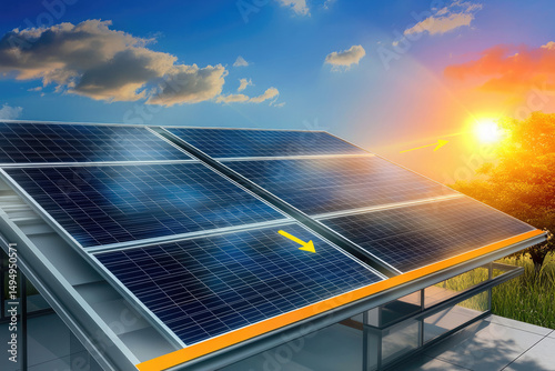 Solar panel rooftop modern house sunlight energy blue sky sustainable technology. Solar panels modern rooftop absorb sunlight