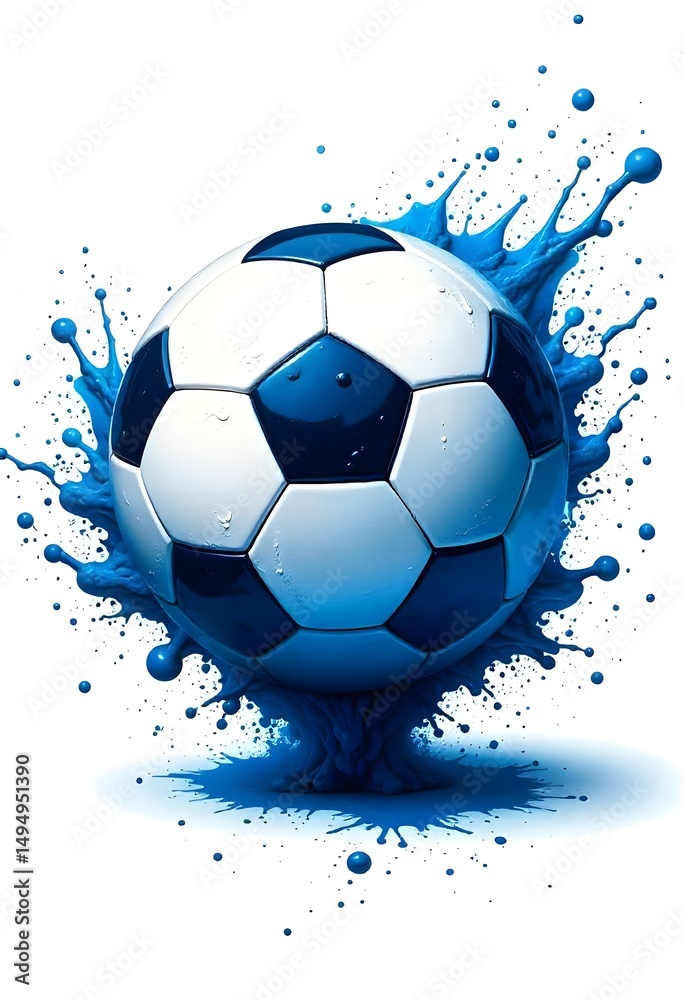 Fototapeta premium Vibrant soccer ball artwork with dynamic blue paint effects high resolution picture