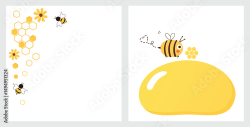 Honey signs with hexagon grid cells, bee cartoons and honey drop sign isolated on white backgrounds vector.