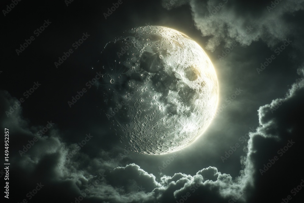 Full moon behind dark clouds