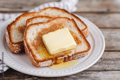 Golden butter melting on toasted bread slices on a plate.