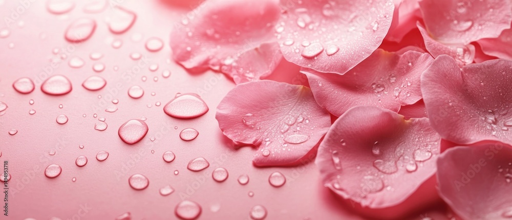 Rose petals with water droplets on a pink background