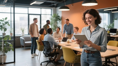 realistic, high quality, high resolution, 4k, digital art, photograph, a woman with dark hair and glasses standing in a modern office space with coworkers meeting around a table, natural lighting, ple
