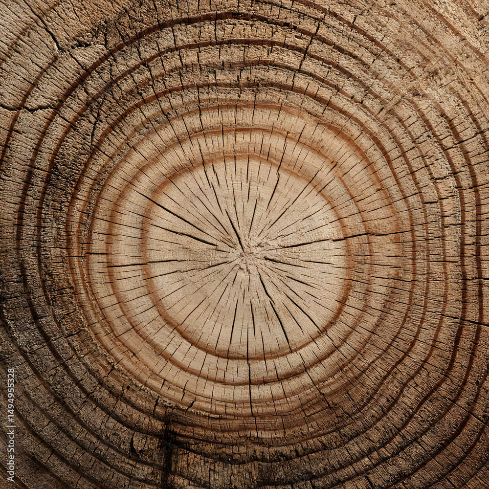 Fototapeta premium Close up view of a weathered tree stump showing its circular growth rings and detailed wood grain pattern revealing age and history