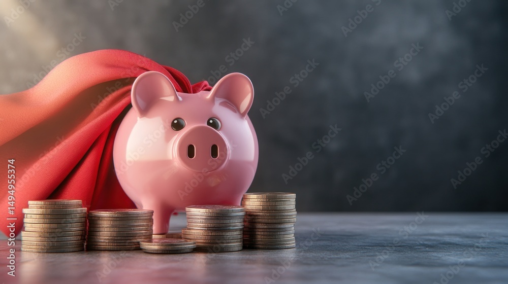 Pink piggy bank with red cape coins and grey surface