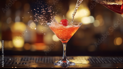 Cocktail being poured into martini glass with cherry splash