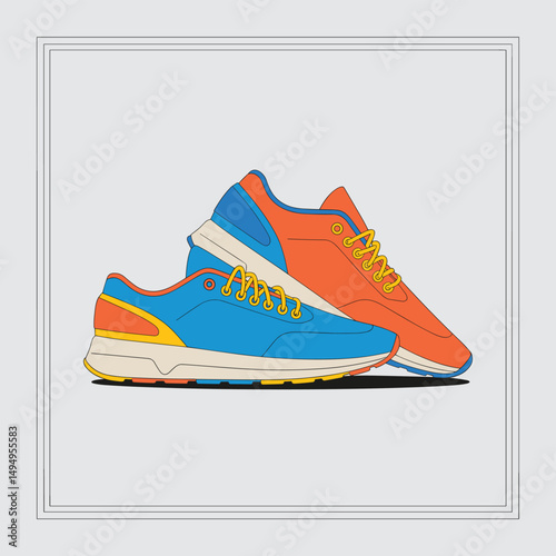 A colorful vector illustration of a pair of modern sneakers placed diagonally, flat design style with no