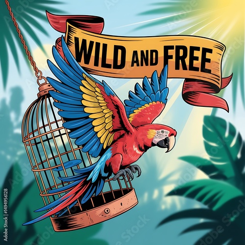 Vibrant Scarlet Macaw Escaping Captivity Into a Lush Tropical Paradise photo