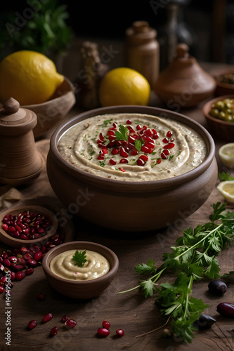 Baba Ghanoush – smoky eggplant dip with tahini, lemon, garlic, and olive oil. Authentic Middle Eastern mezze served in rustic bowl, traditional Arab cuisine