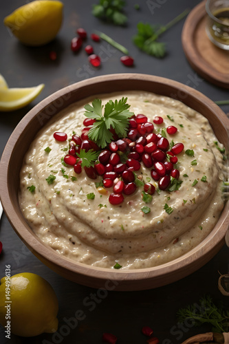 Baba Ghanoush – smoky eggplant dip with tahini, lemon, garlic, and olive oil. Authentic Middle Eastern mezze served in rustic bowl, traditional Arab cuisine