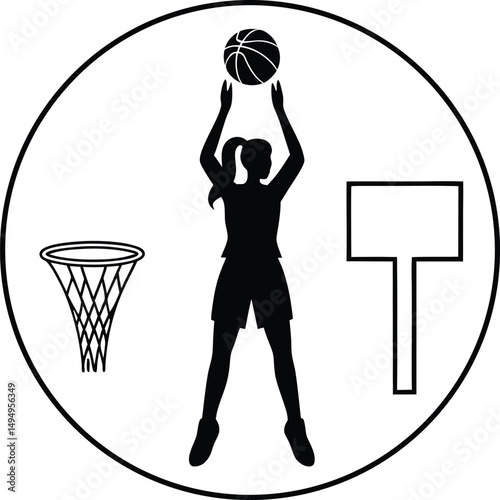 Silhouette of a woman shooting a basketball with hoop and backboard inside of a circle outline