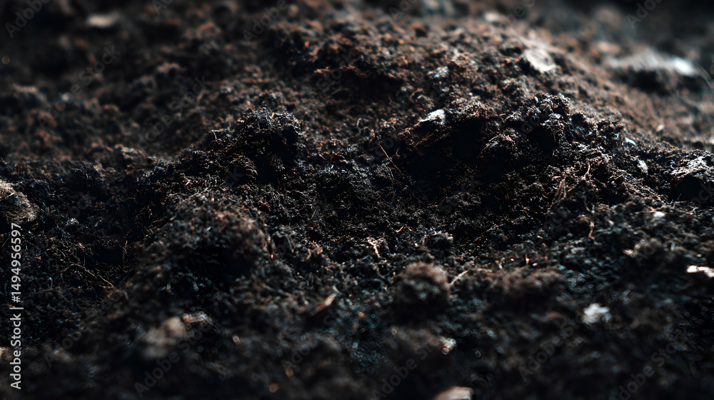 Detailed texture of rich dark soil showcasing organic matter and earthy tones in a natural outdoor setting