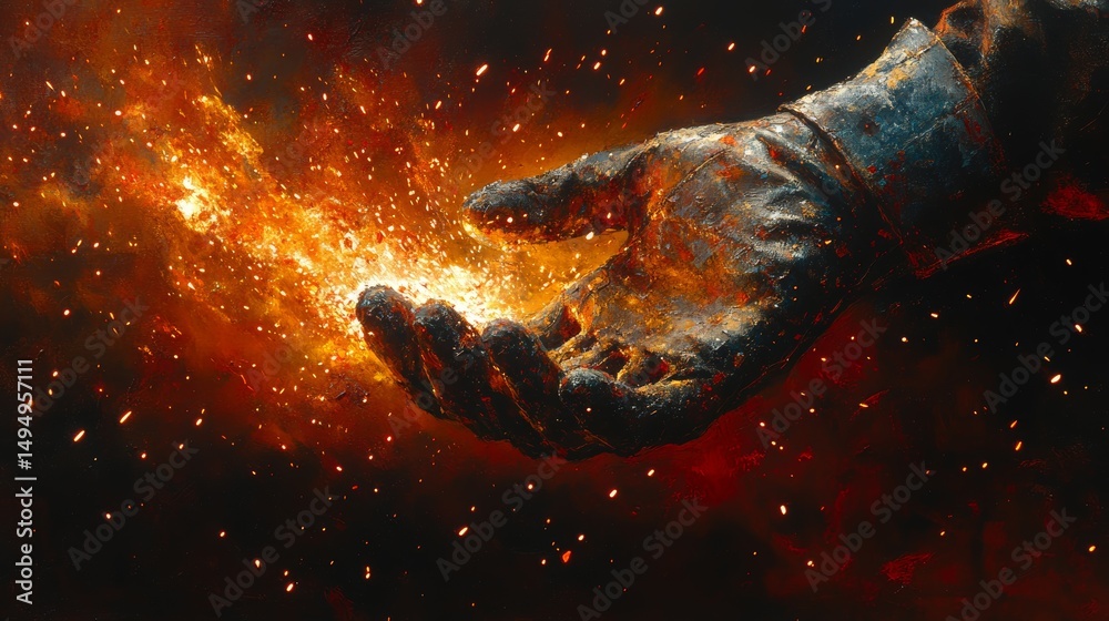 Naklejka premium Glowing Hand Releasing Sparks of Fire in Dark Background Imagery