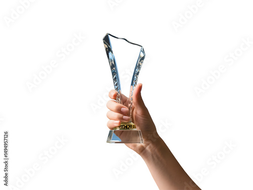 Woman s Hand Holding a Crystal Award Trophy on Transparent Background