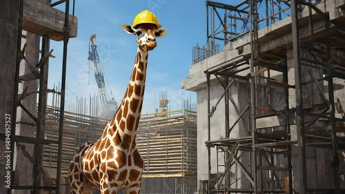 Giraffe construction worker inspects building site