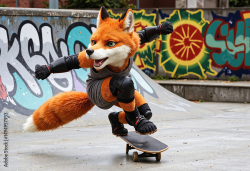 Dynamic Fox Skateboarder Performing a Mid-Air Trick