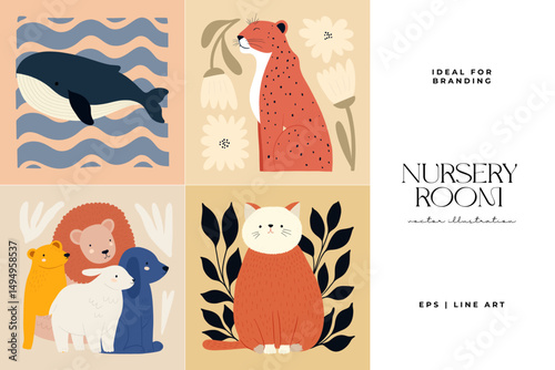 Abstract Childrens Room posters template. Modern trendy Kids minimal style. Hand drawn design for wallpaper, wall decor, print, postcard, cover, template, banner.