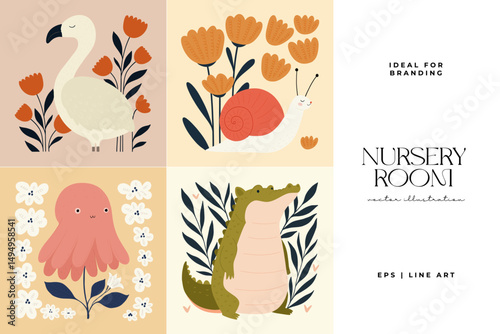 Abstract Childrens Room posters template. Modern trendy Kids minimal style. Hand drawn design for wallpaper, wall decor, print, postcard, cover, template, banner.