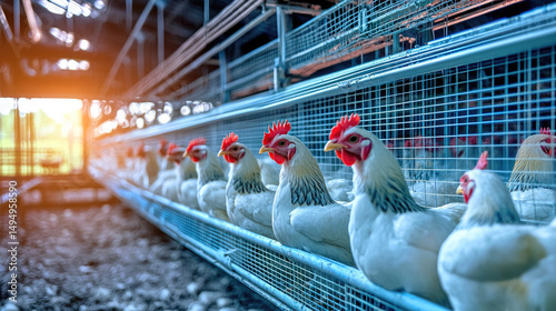 White chicken poultry cage farm agriculture livestock sunrise rural animal egg production healthy