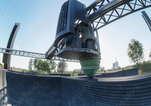 A crane-based 3D printer constructs a concrete building under a clear sky in an open field.