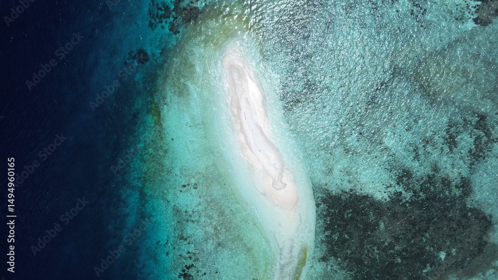 Fototapeta premium Aerial Drone View of Sandbank next to Arborek Island, Turquoise Waters and Coral Reefs – Raja Ampat, Indonesia...