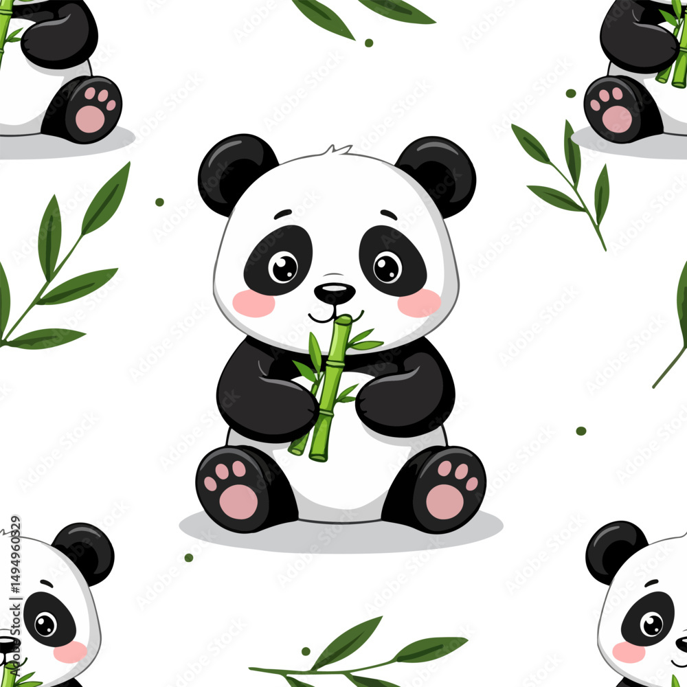 Obraz premium Seamless vector pattern with cute cartoon pandas and bamboo