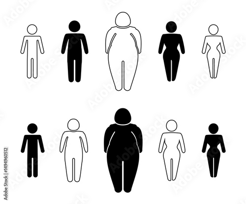 A man or woman diets and exercises from fat to fitness series frontal view. Figure and size person, body index mass. Vector