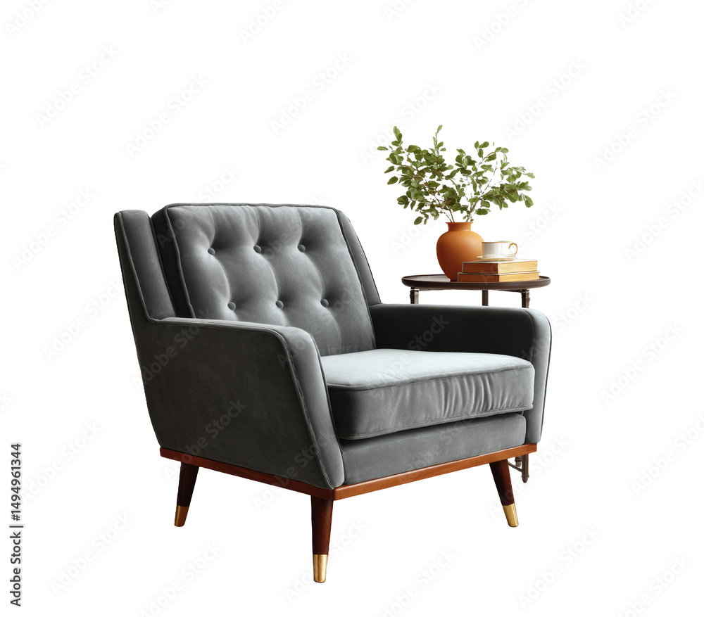 Fototapeta premium [Transparent Background PNG]Mid-Century Modern Armchair with Side Table