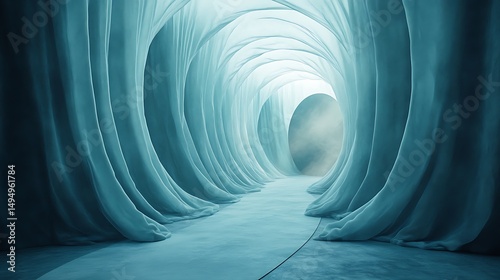 Mystical pathway veiled in ethereal blue, leading towards a diffused light source
