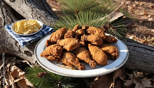 A family-style plate overflowing with fried chicken sits atop a weathered tree stump outdoors, surrounded by scattered pine needles and picnic flannel, like nature’s feas