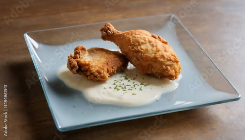 A piece of fried chicken sits delicately on a transparent glass plate floating in a shallow pool of milk, as if breakfast collided with a dream