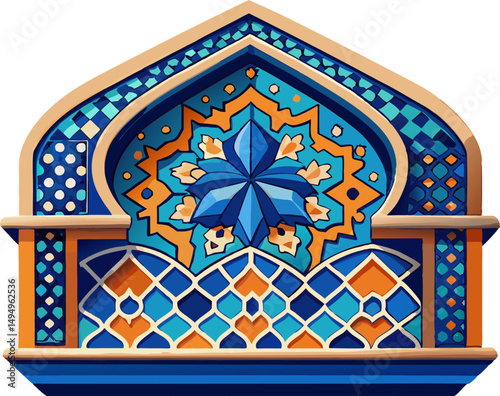 A Moroccan-style ceramic ornament, hand-painted in vibrant blue and orange patterns, featuring intricate Islamic geometry, isolated on a clean white background. 