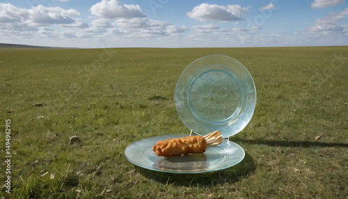 A massive glass plate placed on open grassland holds a lone fried drumstick, as if the Earth itself offered up lunch to celestial beings