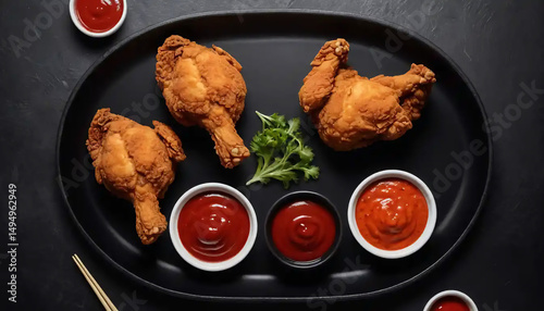 Three pieces of fried chicken form a mysterious symbol on a round black plate, encircled by red dipping sauces laid out like a coded ritual