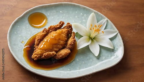 A single piece of golden fried chicken rests on a porcelain plate shaped like a lily pad, surrounded by droplets of spiced honey as if it just rained flavor